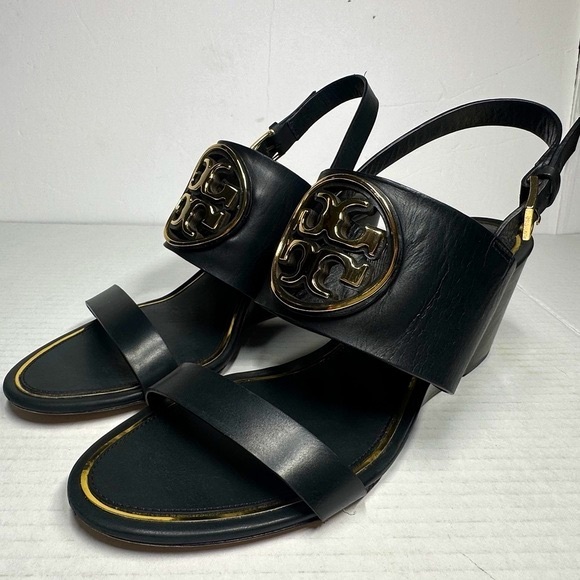 TORY BURCH | Metal Miller 65mm Wedge Perfect Black Gold Size 11 Heel Sandal Mule - Picture 3 of 14
